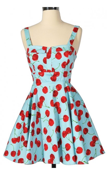 Cheerful Cherry Blue Printed Fit and Flare Dress